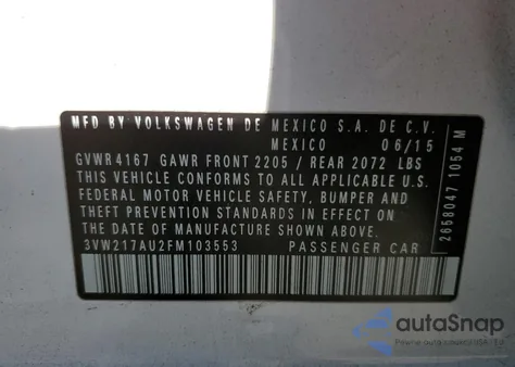 2015 Volkswagen Golf из США, поврежденный, VIN 3VW217AU2FM103553